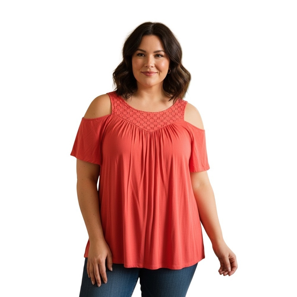 TORRID 00 0X XL Light Red Pink Knit Open Shoulder Top Embroidered R $49